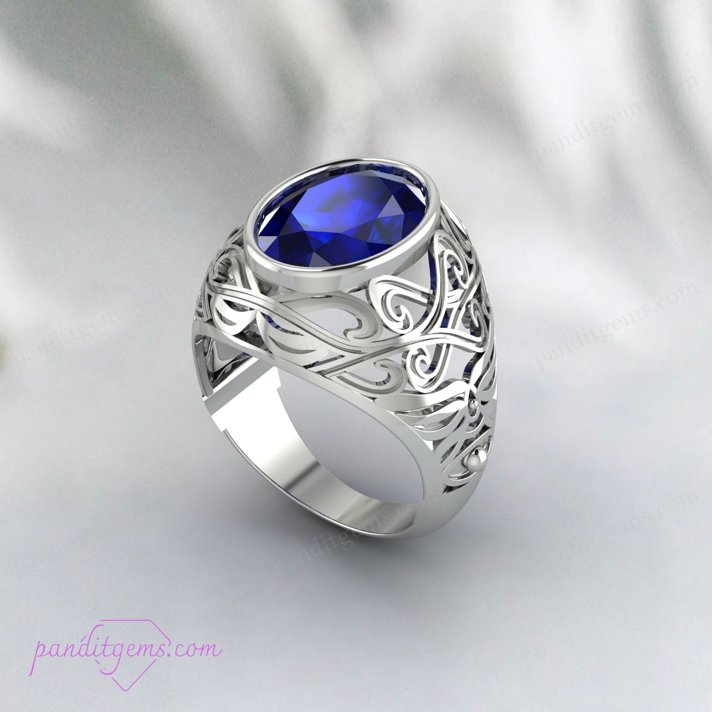 Classic Blue Sapphire Engagement Ring with a 10x14mm oval cut gemstone set in a vintage 925 sterling silver band.