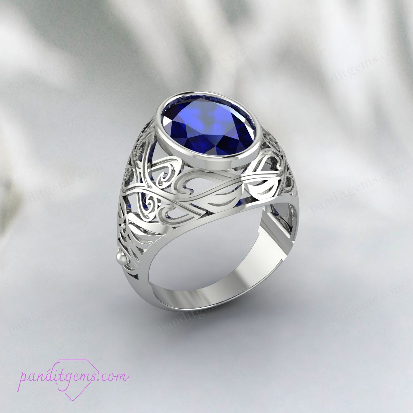Close-up of a Vintage Ceylon Blue Sapphire Ring in 925 Sterling Silver, emphasizing the rich blue hue and detailed band.
