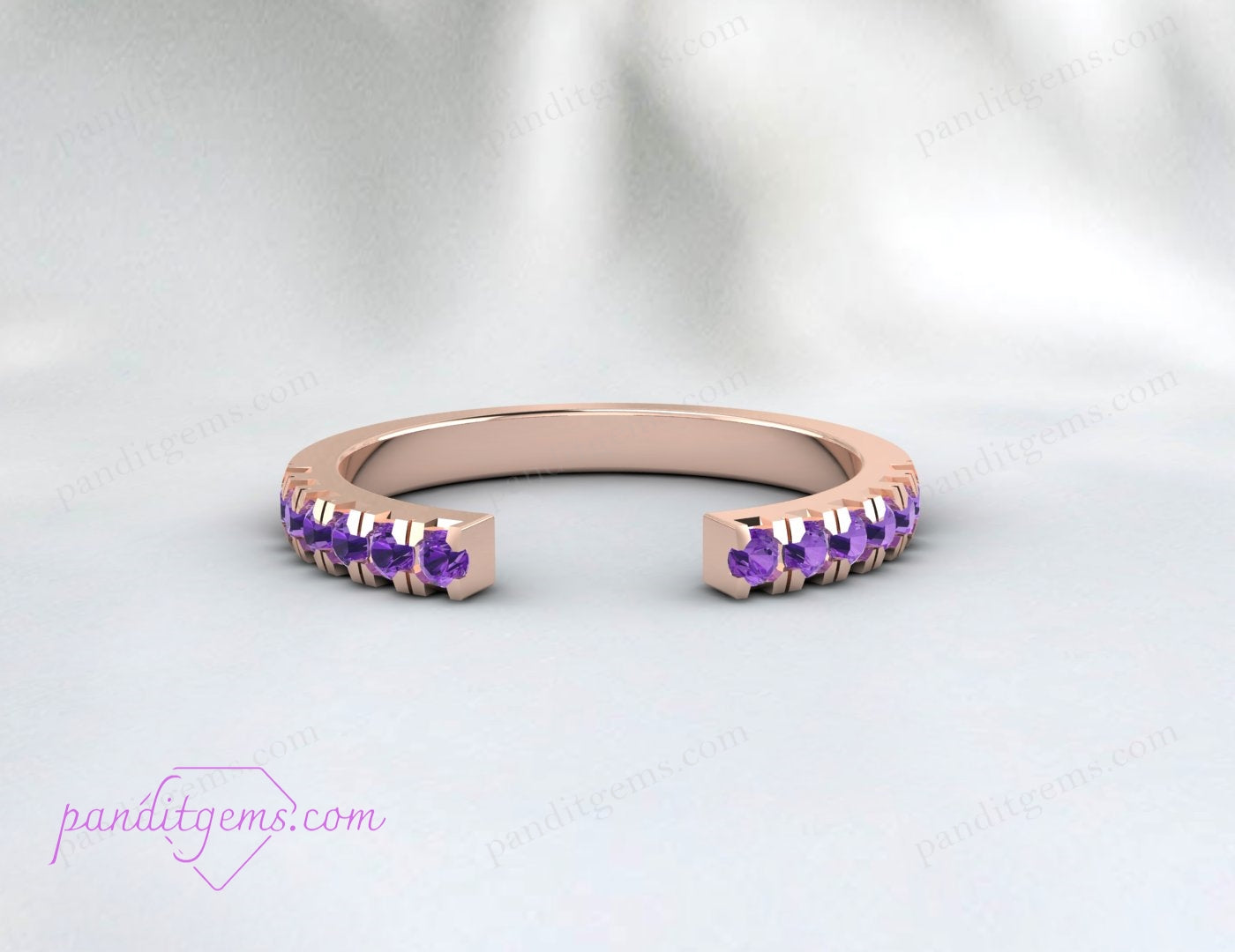 Close-up of open gap amethyst ring in sterling silver, ideal for bridal and engagement use.