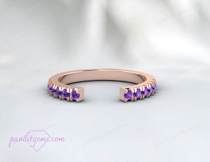 Close-up of open gap amethyst ring in sterling silver, ideal for bridal and engagement use.