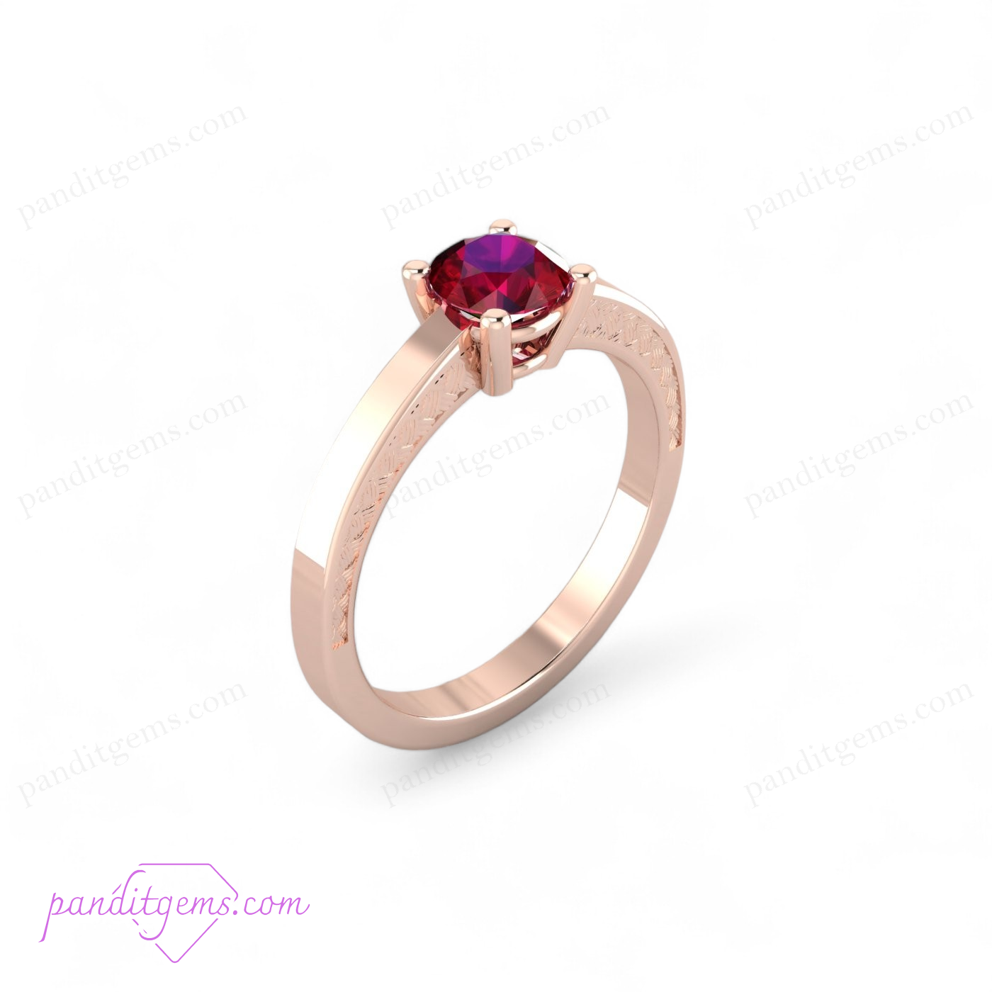 Close-up of round lab-created ruby set in a sterling silver band.
