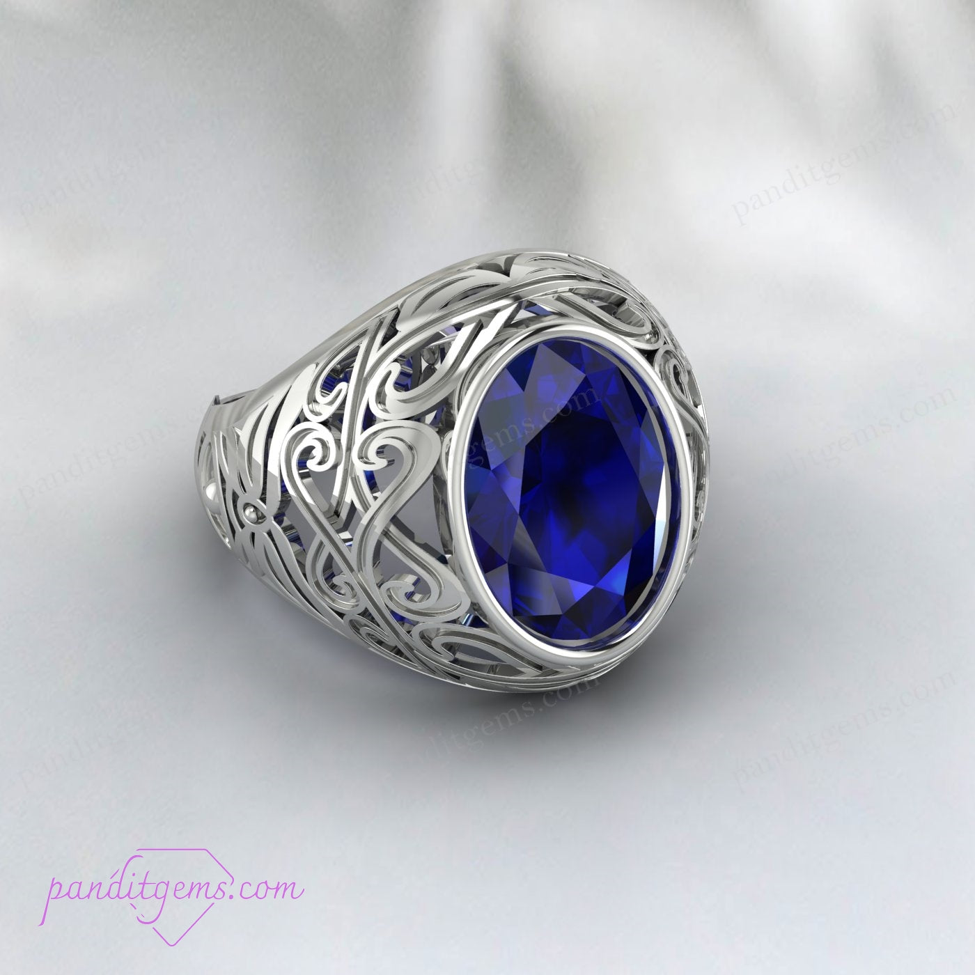 Close-up of the Blue Sapphire Solitaire Ring featuring a 10x14mm oval cut gemstone set in a detailed 925 sterling silver band.