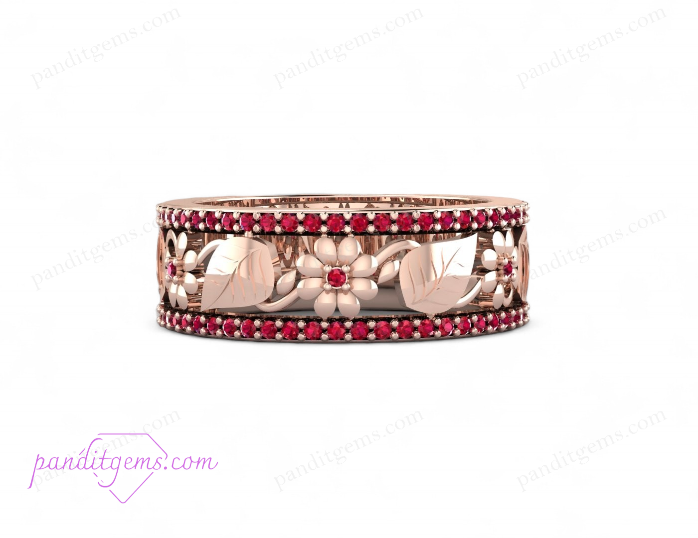 This image shows a close-up of a beautifully crafted rose gold wedding band with intricate leaf designs and a ruby centerpiece.