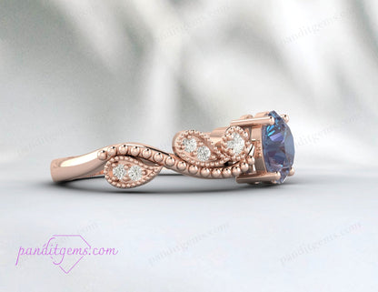 Color-Changing Alexandrite Leaf Ring for June Birthstone