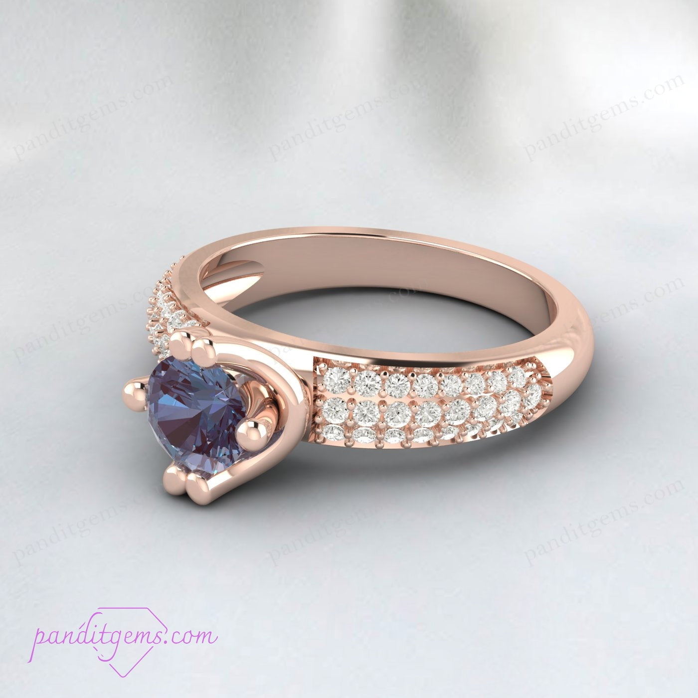 Customizable Alexandrite and Moissanite wedding ring in rose gold plating.