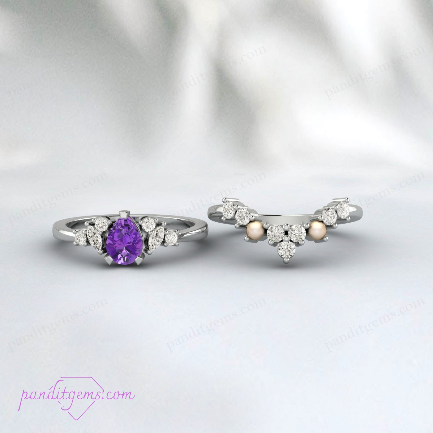 Delicate amethyst promise ring with pearls and simulated diamonds in a bridal ring set.