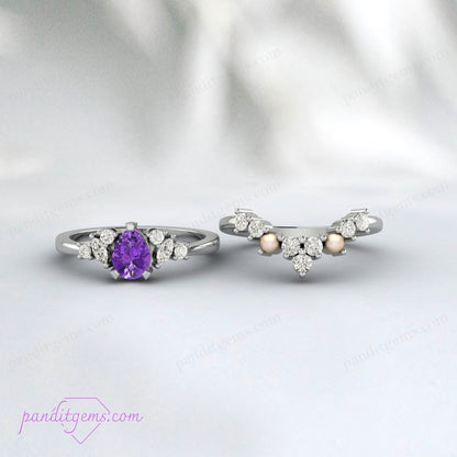 Delicate amethyst promise ring with pearls and simulated diamonds in a bridal ring set.