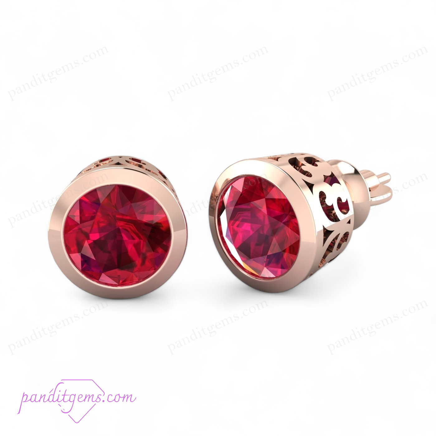 Delicate ruby stud earrings in 14K gold with a vintage filigree design.