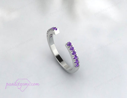 Detailed shot of open gap amethyst and alexandrite ring in sterling silver.