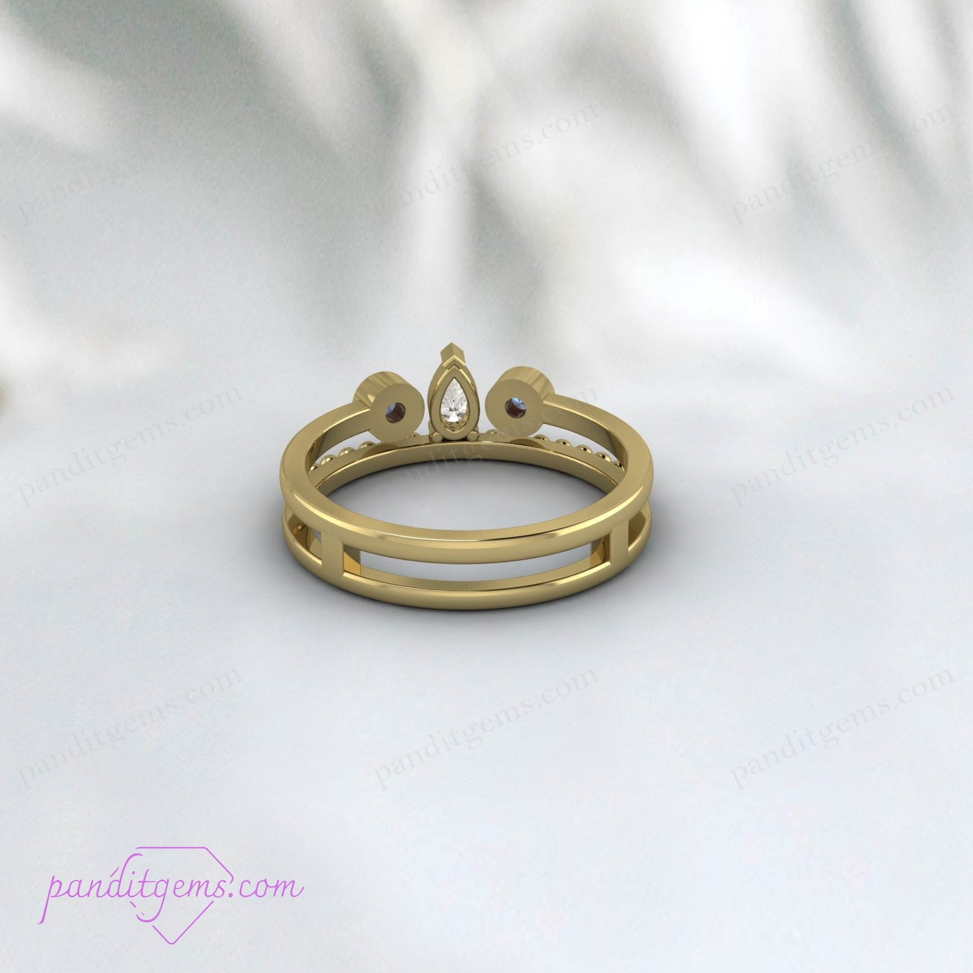 Elegant Open Band Alexandrite and Pear Diamond Ring Set in Yellow Gold.