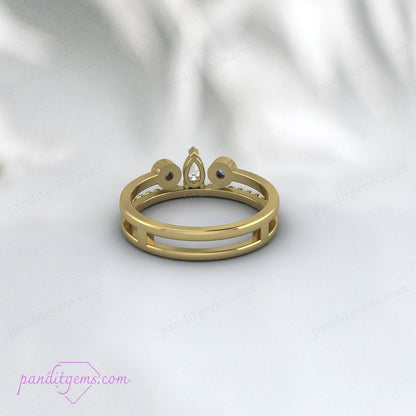 Elegant Open Band Alexandrite and Pear Diamond Ring Set in Yellow Gold.