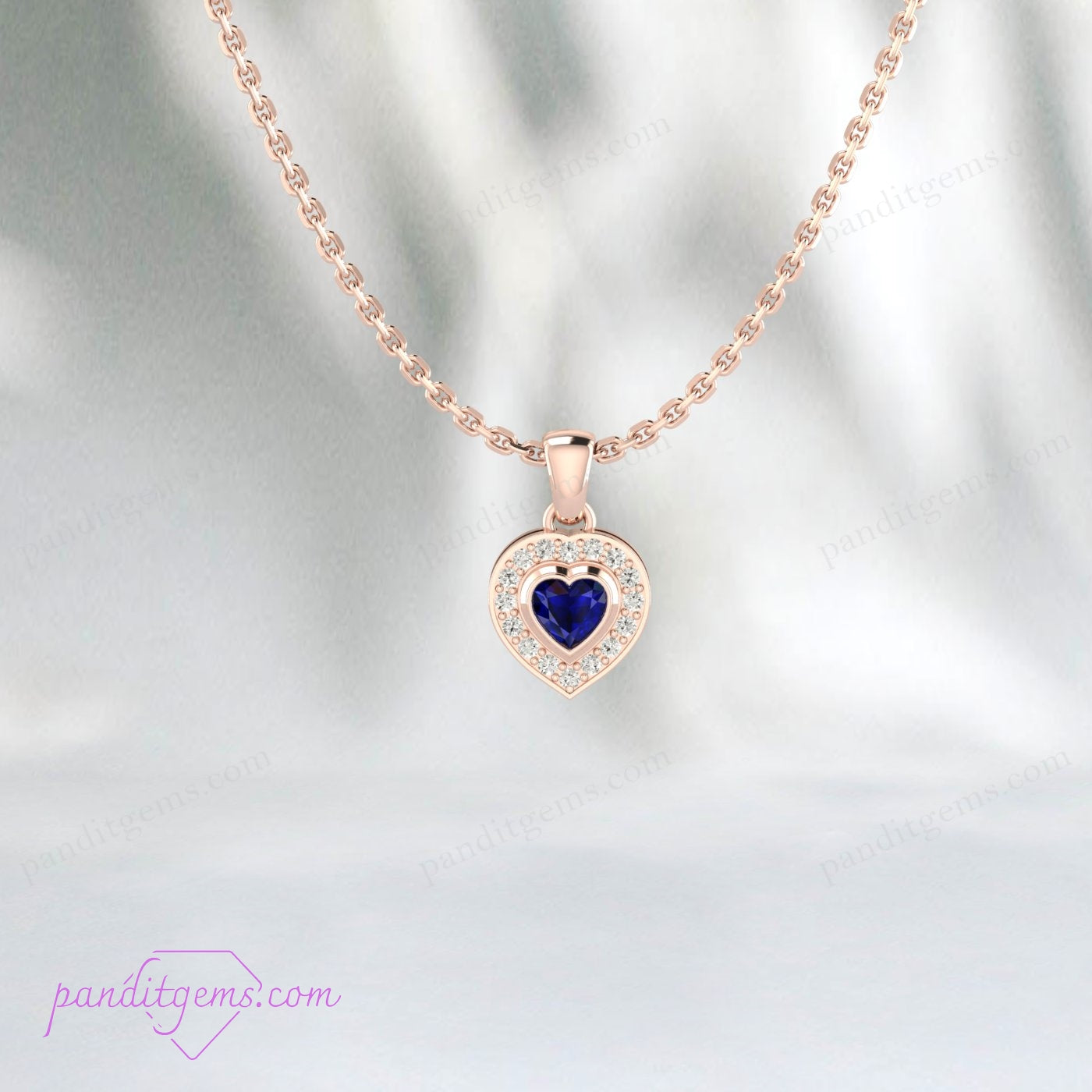 Elegant September birthstone necklace with a heart-shaped sapphire and CZ halo.
