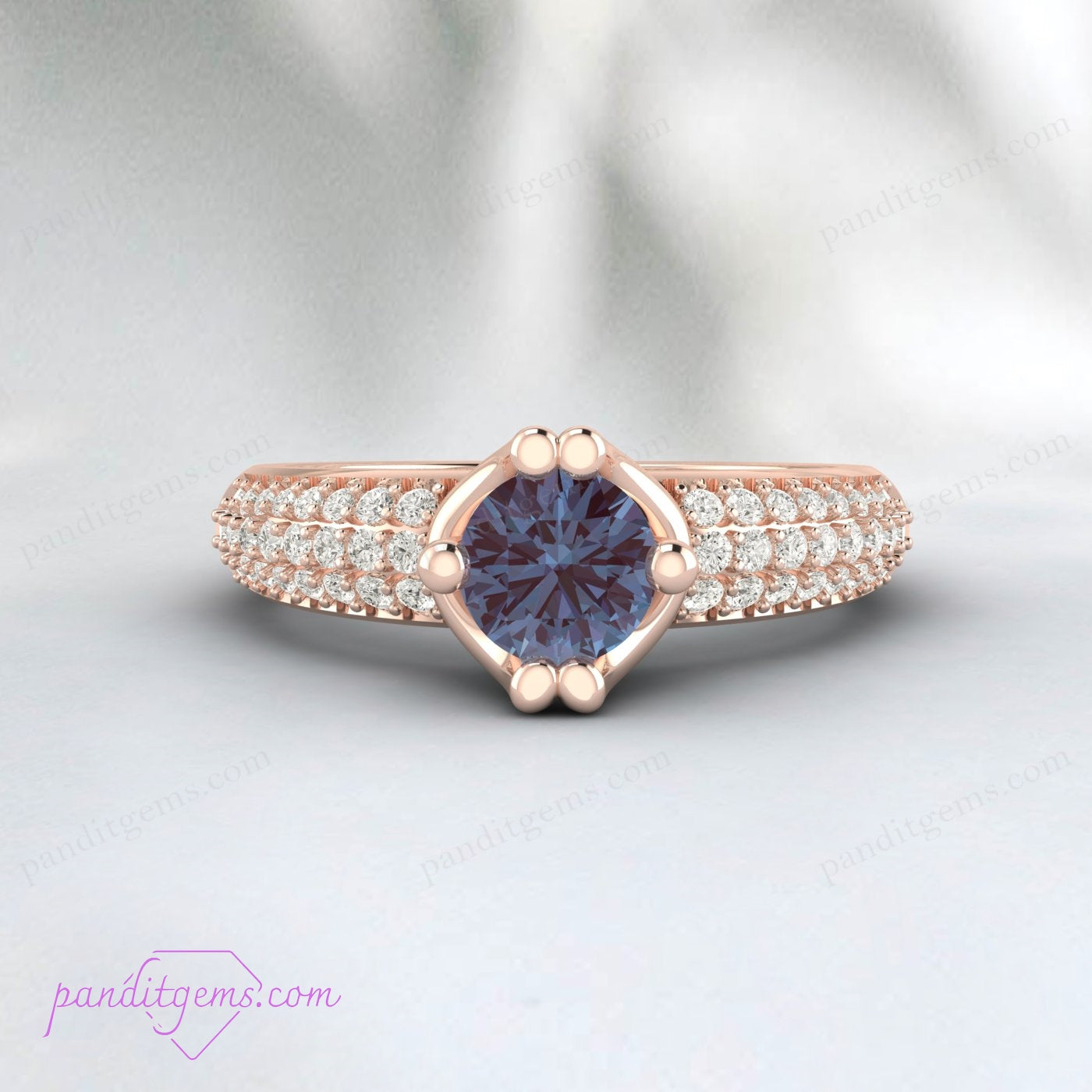 Elegant bridal ring featuring a round Alexandrite gemstone with diamond accents.