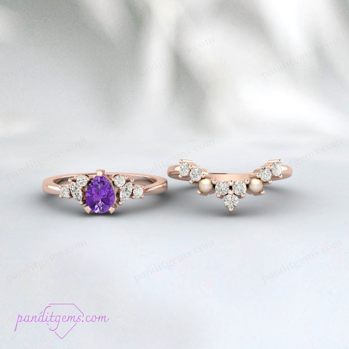 Elegant purple amethyst and moissanite halo ring with a pearl-encrusted band.