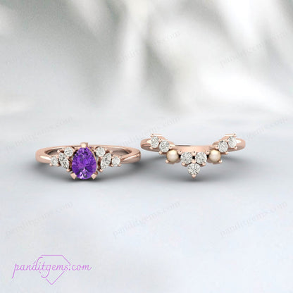 Elegant purple amethyst and moissanite halo ring with a pearl-encrusted band.