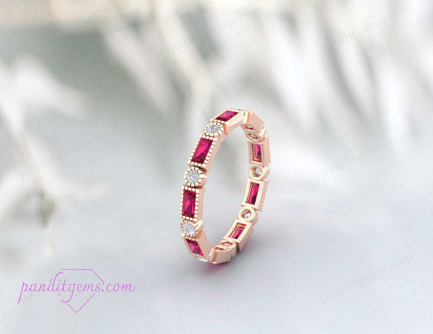 Elegant ruby and diamond eternity band in solid sterling silver, perfect for weddings and anniversaries.