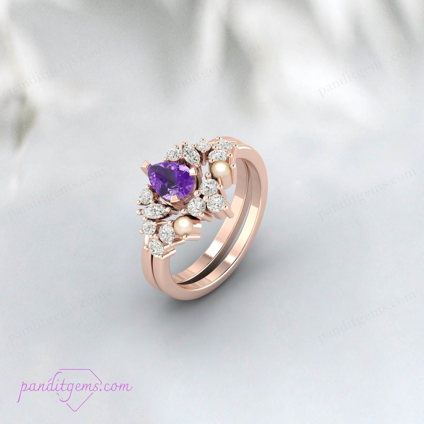 February birthstone amethyst ring set featuring pearls and round simulated diamonds.