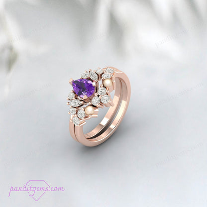 February birthstone amethyst ring set featuring pearls and round simulated diamonds.