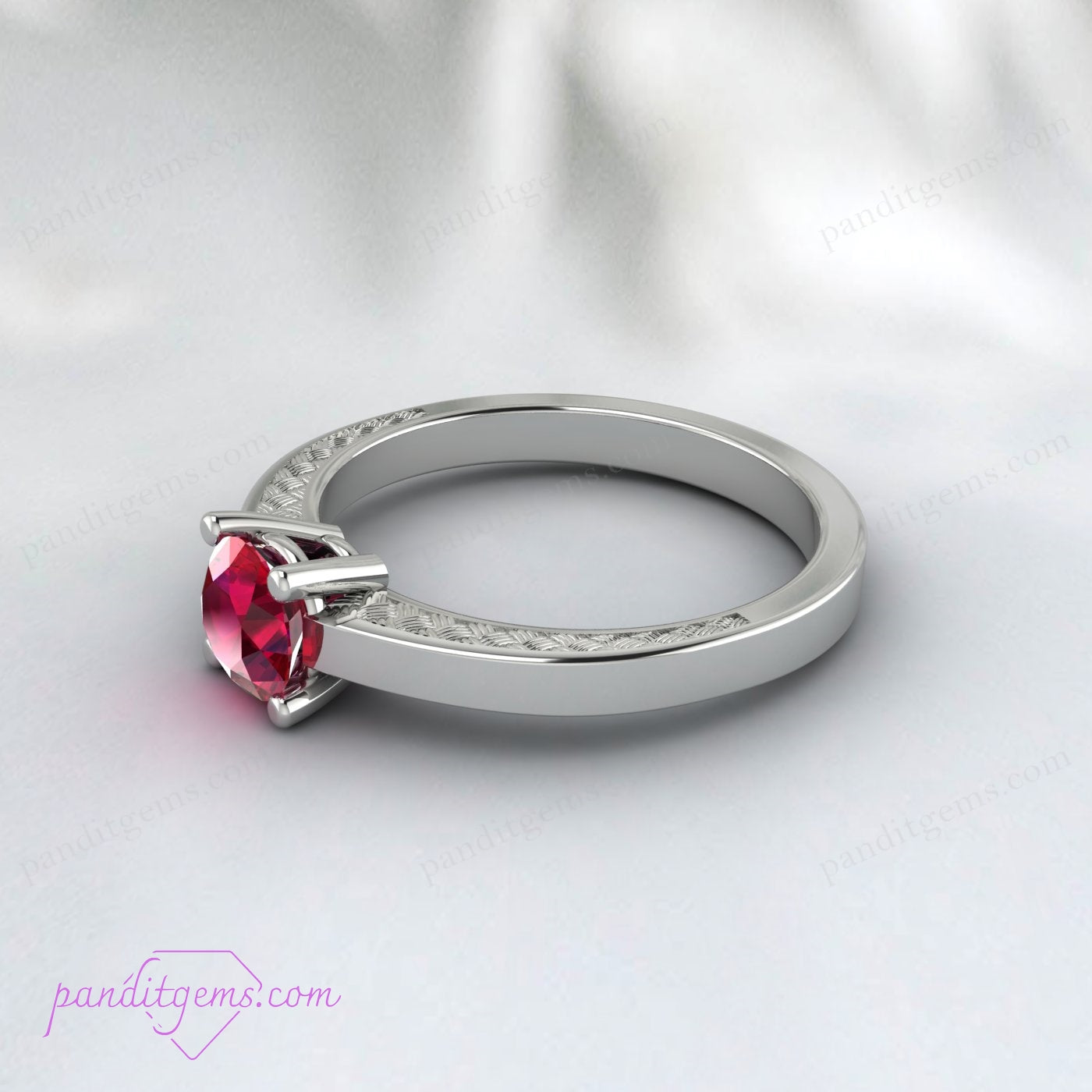 Floral engraved ruby wedding ring in 925 sterling silver.