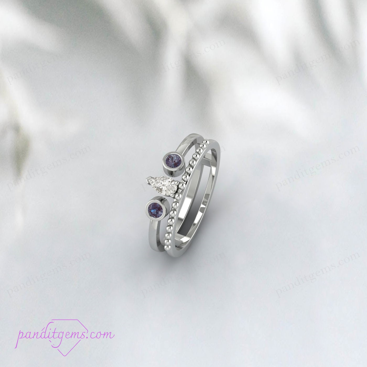 Genuine Alexandrite and Pear Diamond Ring Set in Solid 14K Yellow Gold.