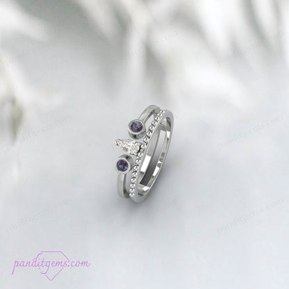 Genuine Alexandrite and Pear Diamond Ring Set in Solid 14K Yellow Gold.
