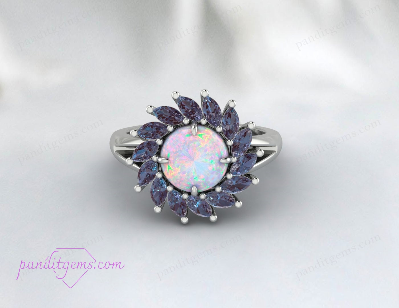 Gold-filled Alexandrite and Opal ring with unique halo detailing, designed for weddings and anniversaries.