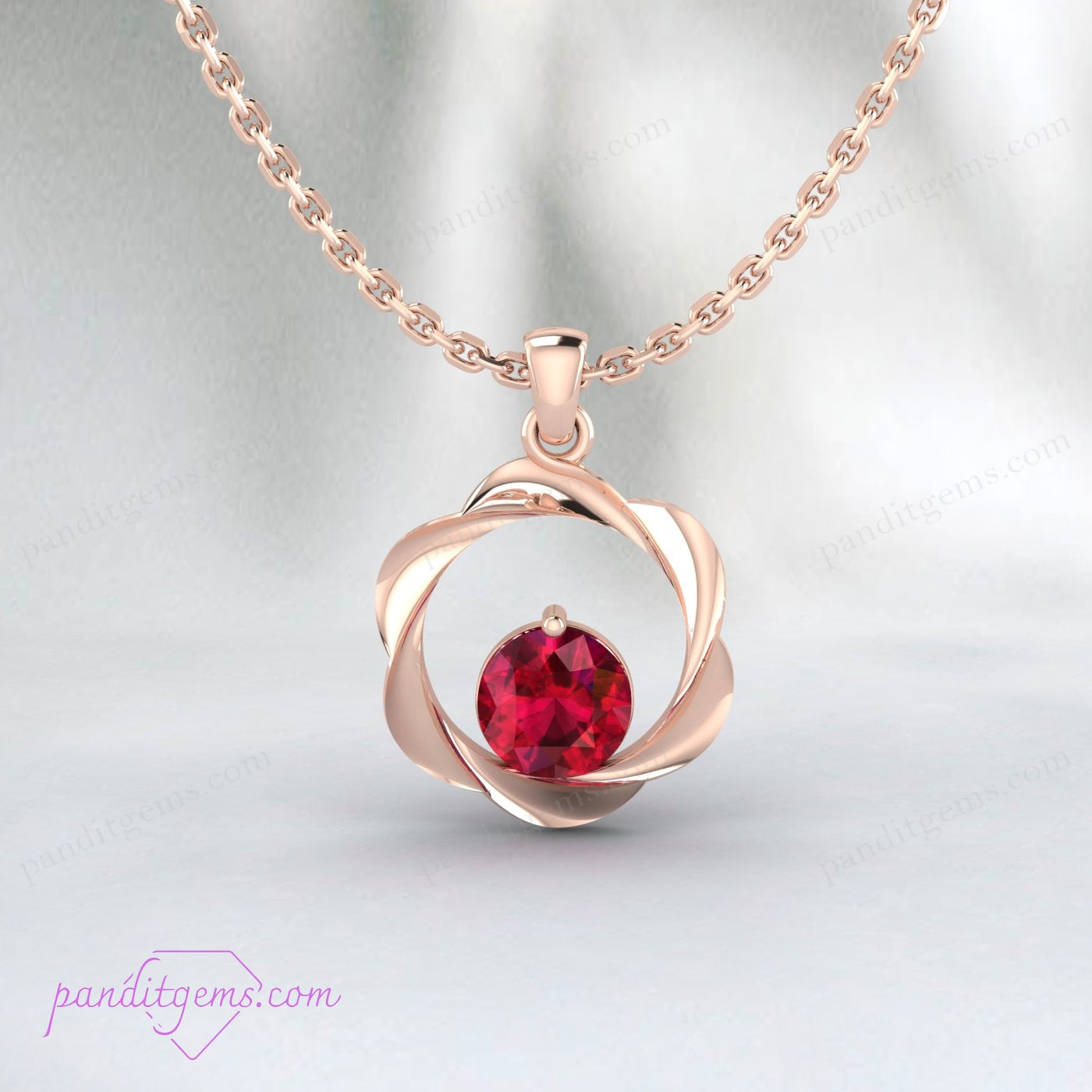 Gold vermeil pendant with round ruby gemstone, vintage style.
