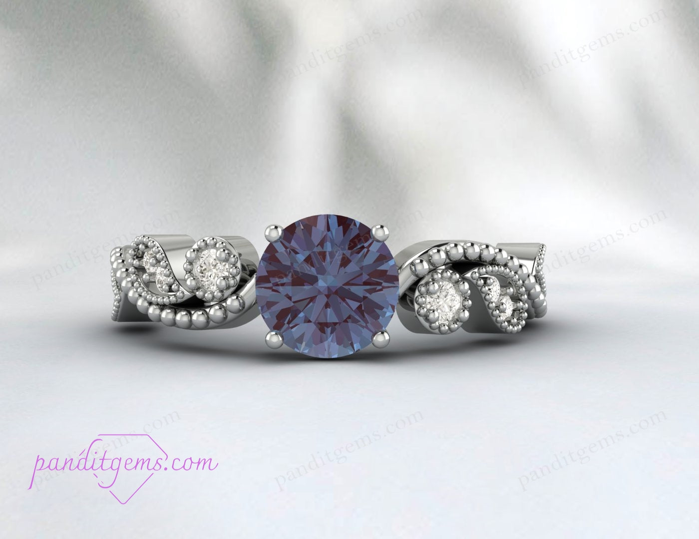 Handcrafted Alexandrite and Silver Ring with Leaf Detailing