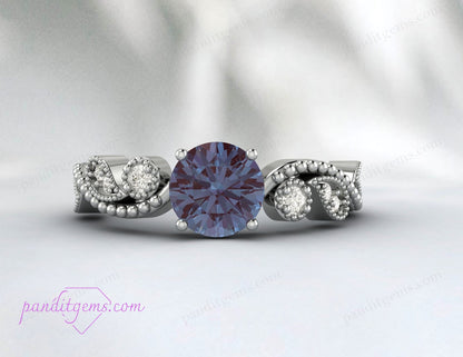 Handcrafted Alexandrite and Silver Ring with Leaf Detailing