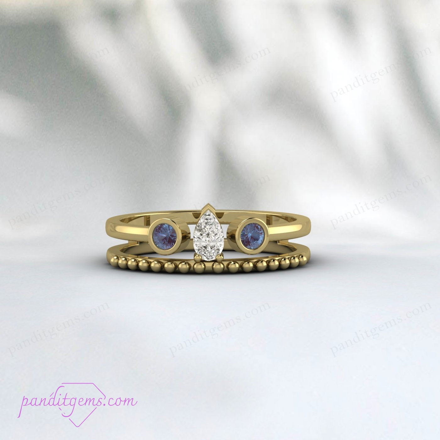 Handcrafted Beaded Shank Ring Enhancer with Pear Diamond and Alexandrite.