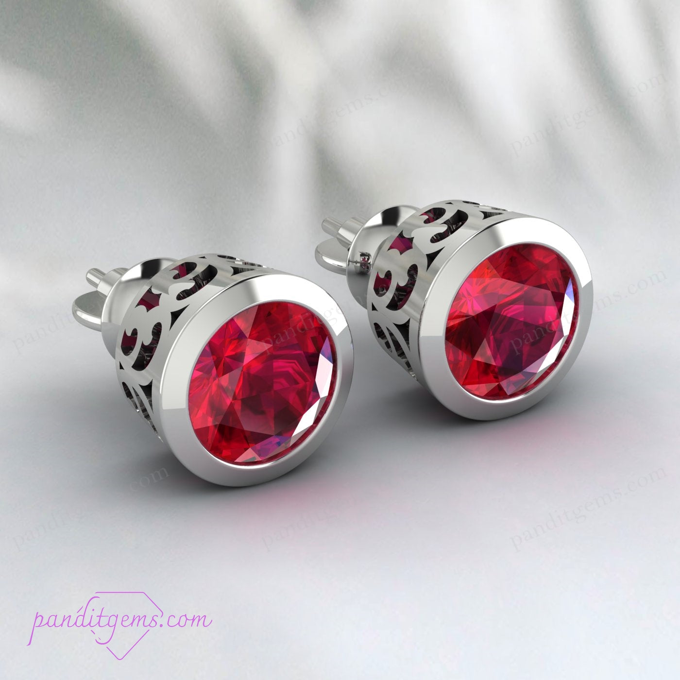 Handmade fine jewelry - filigree ruby studs in 14K gold-filled with pushback closure.