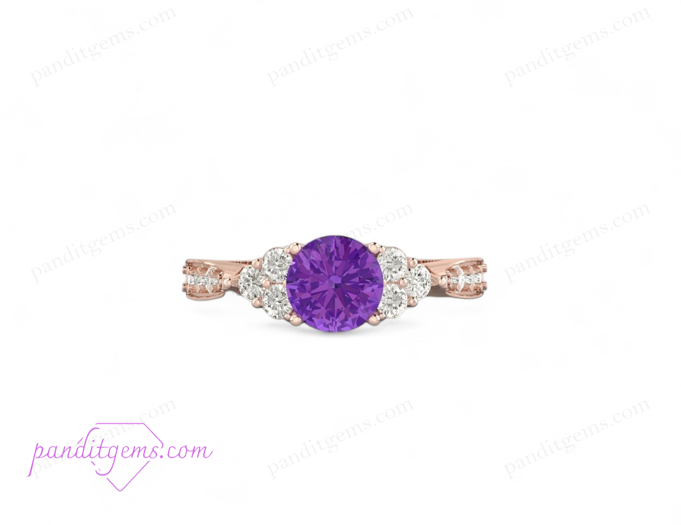 Image of a rose gold amethyst engagement ring with a vintage design and moissanite accents.
