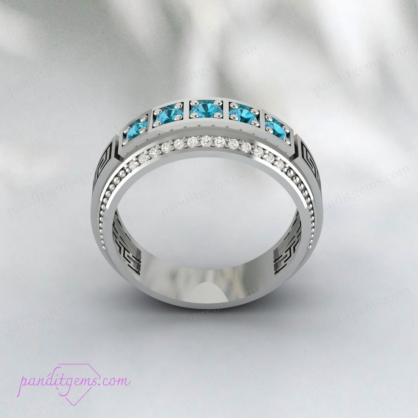 Intricate Blue Topaz and Diamond Ring with Greek Key Filigree