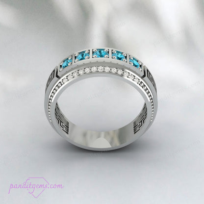 Intricate Blue Topaz and Diamond Ring with Greek Key Filigree