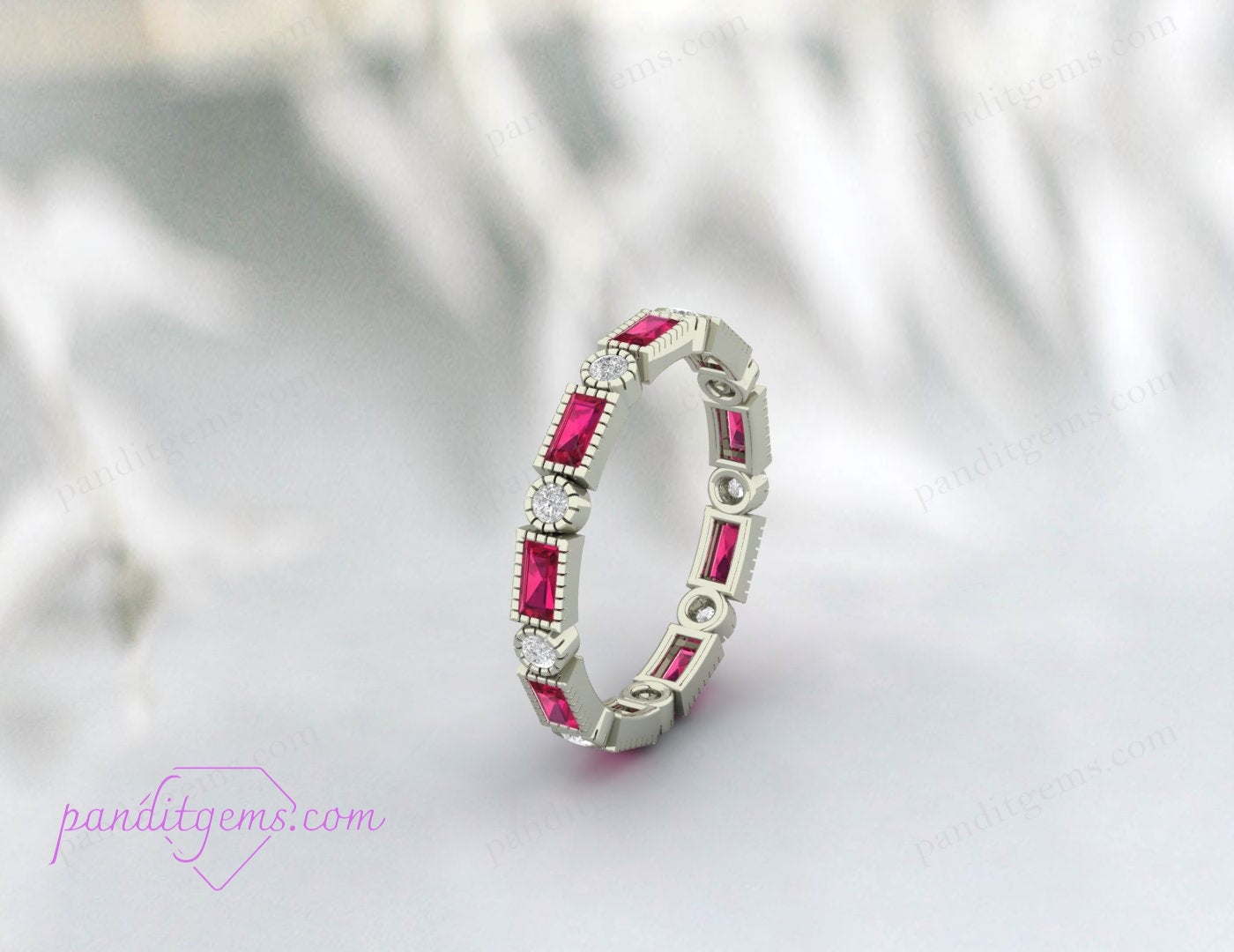 July birthstone ruby eternity ring with alternating diamonds, set in a 925 sterling silver band.