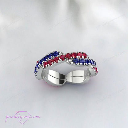 Lab-grown Blue Sapphire and Ruby gemstones in a sterling silver twisted band, symbolizing eternal love.