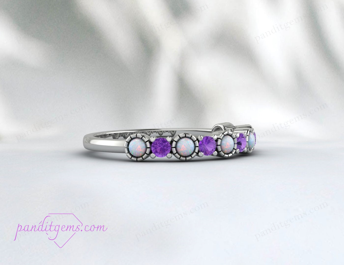 "Minimalist opal and amethyst stacking ring in rose gold, designed for everyday wear or special events."