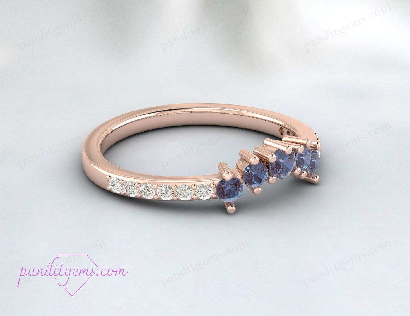 A bridal promise ring adorned with moissanite and a round Alexandrite gemstone.