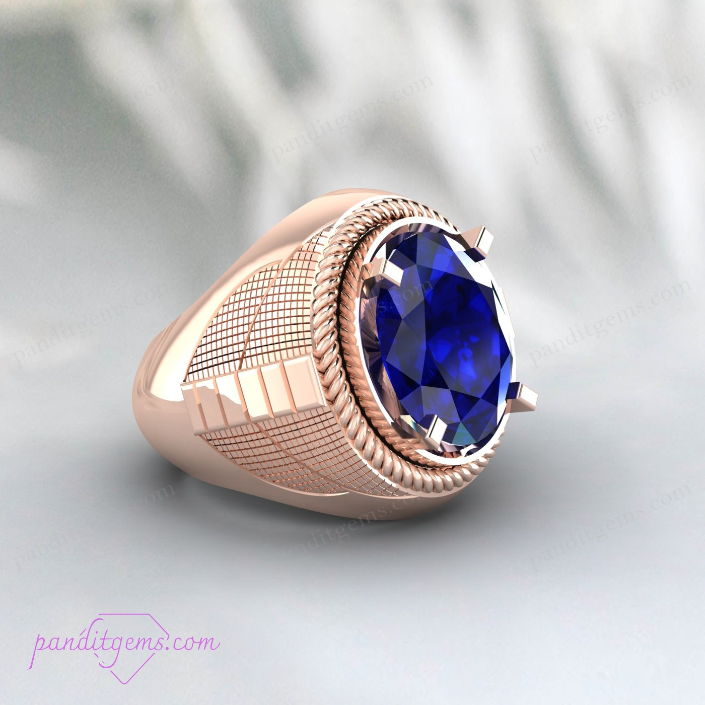 Personalized blue sapphire ring for men, showcasing natural blue gemstone in a shiny silver band.
