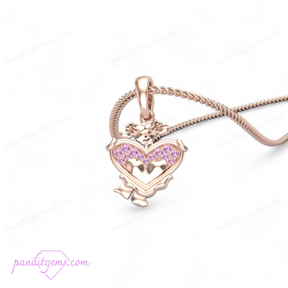 A gold-filled necklace featuring a pink sapphire heart pendant with micro pave setting.