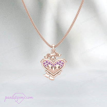 The pink sapphire heart pendant necklace displayed elegantly on a jewelry stand.