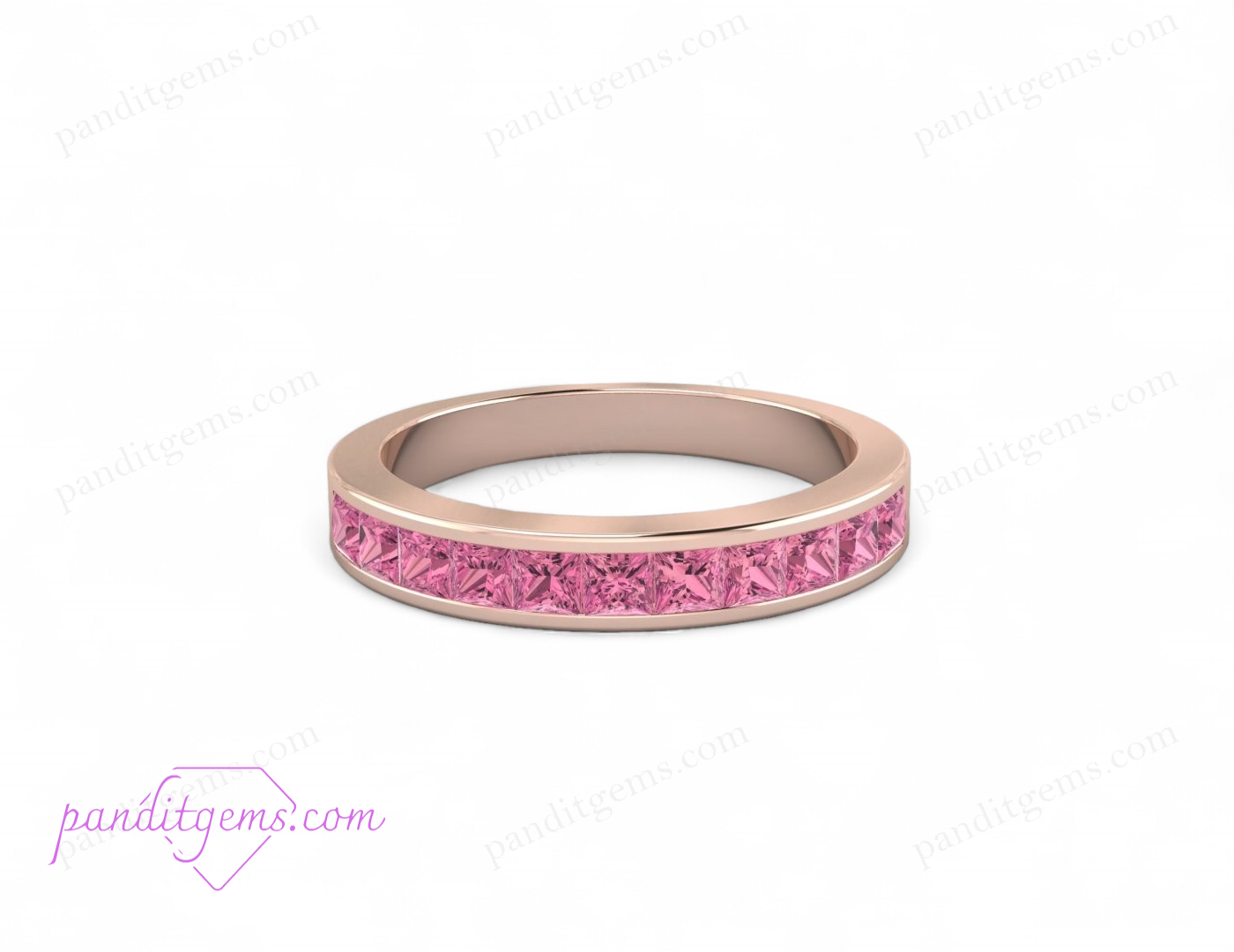 Pink tourmaline eternity band in 14K rose gold for wedding.
