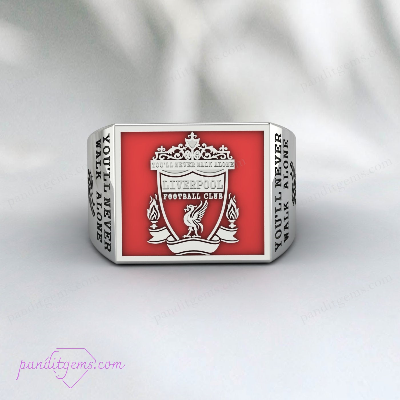 Polished sterling silver 925 Liverpool FC ring with intricate emblem design.