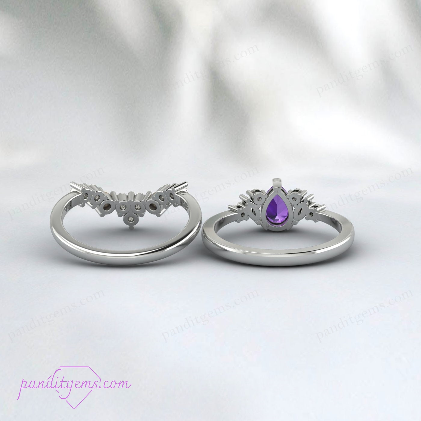 Purple amethyst engagement ring set with pear-shaped gemstone, moissanite halo, and pearls.
