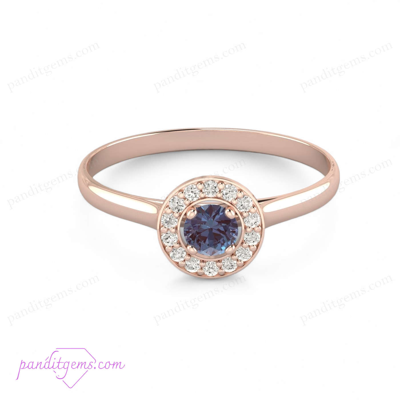 An elegant rose gold engagement ring with an Alexandrite gemstone and diamond halo.