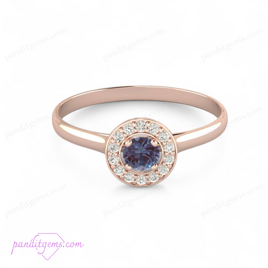 An elegant rose gold engagement ring with an Alexandrite gemstone and diamond halo.