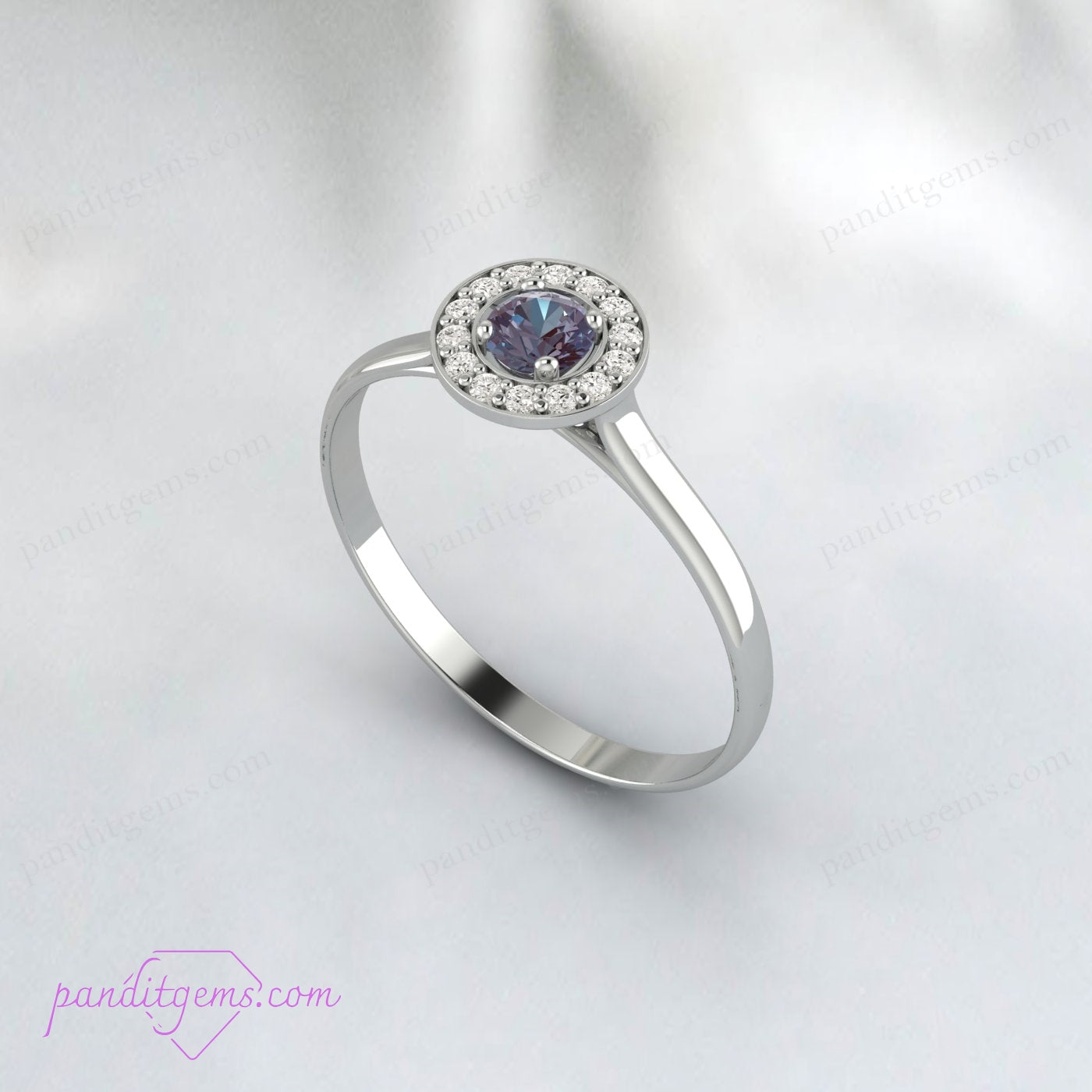 Rose gold promise ring with an Alexandrite gemstone and Art Deco design.