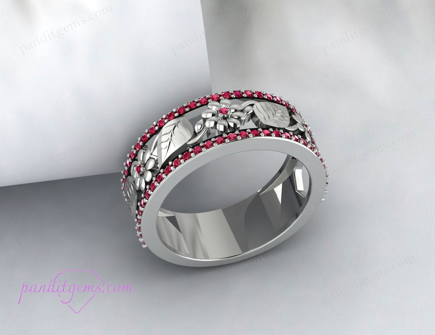 The wedding band is presented in a luxurious jewelry box, ready for gifting.