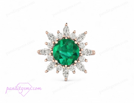 Rose gold emerald ring with round cut emerald and halo of diamonds