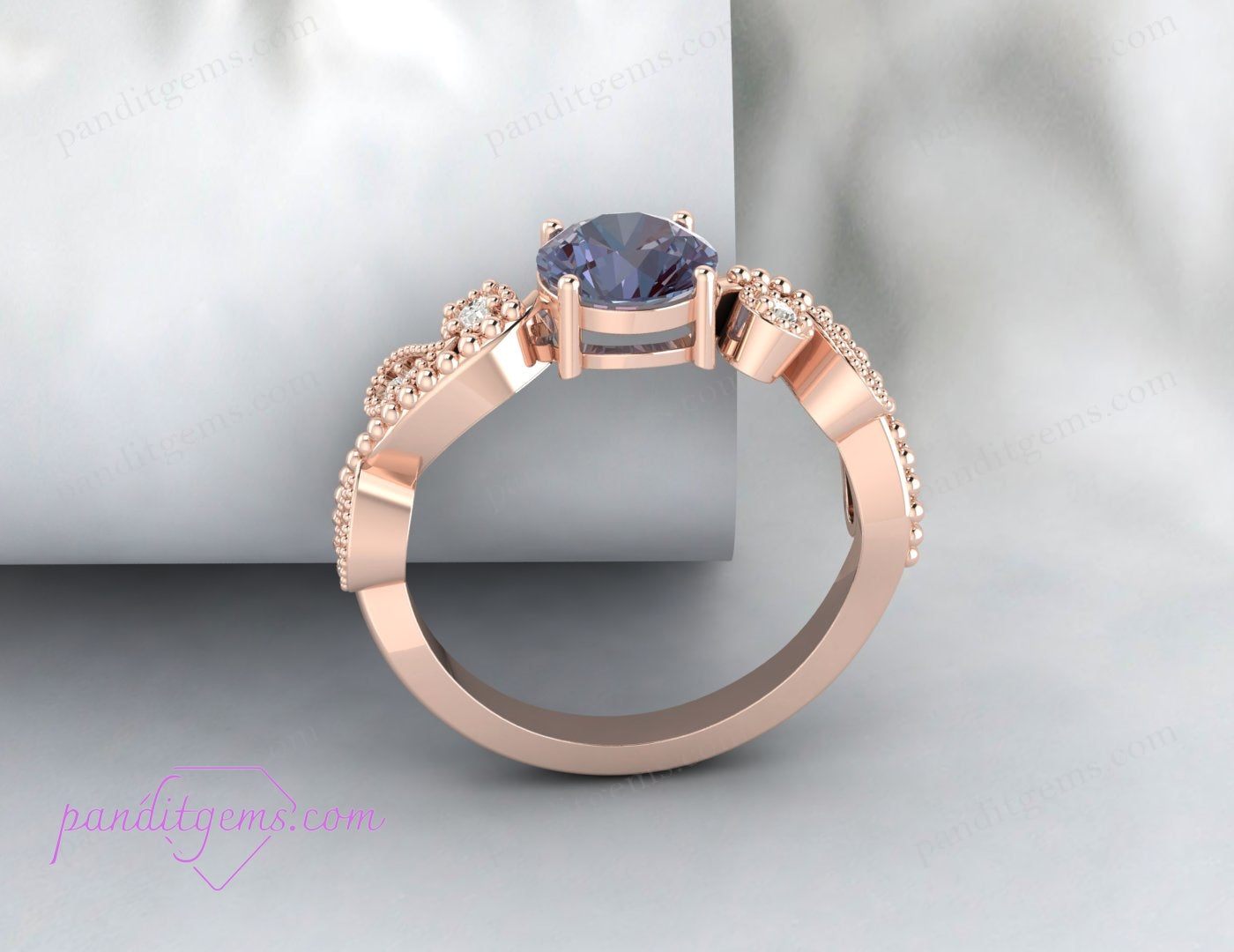 Round-Cut Alexandrite Ring with Leaf Motif for Women